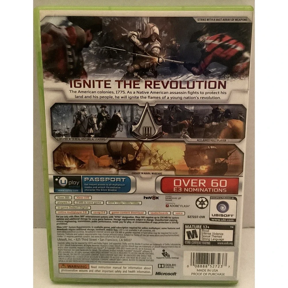 Assassin's Creed III (Microsoft Xbox 360, 2012) Used